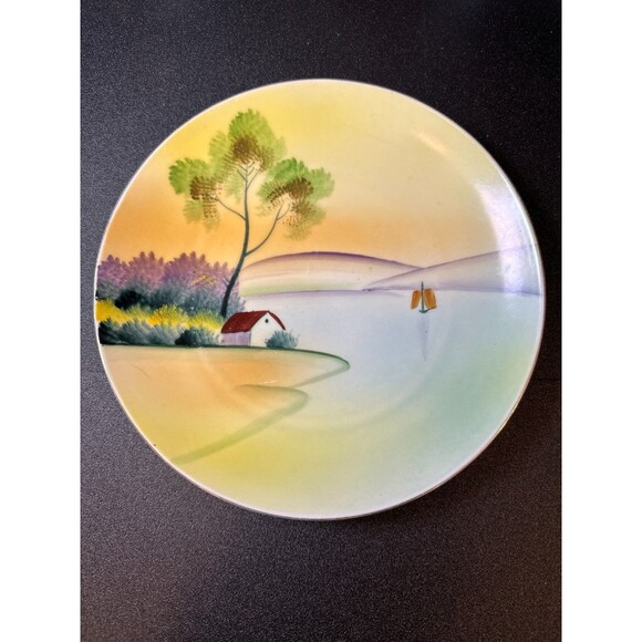 Vintage Meito China Hand Painted Landscape Plates Pair 7.75" & 8" Japan - Picture 5 of 7